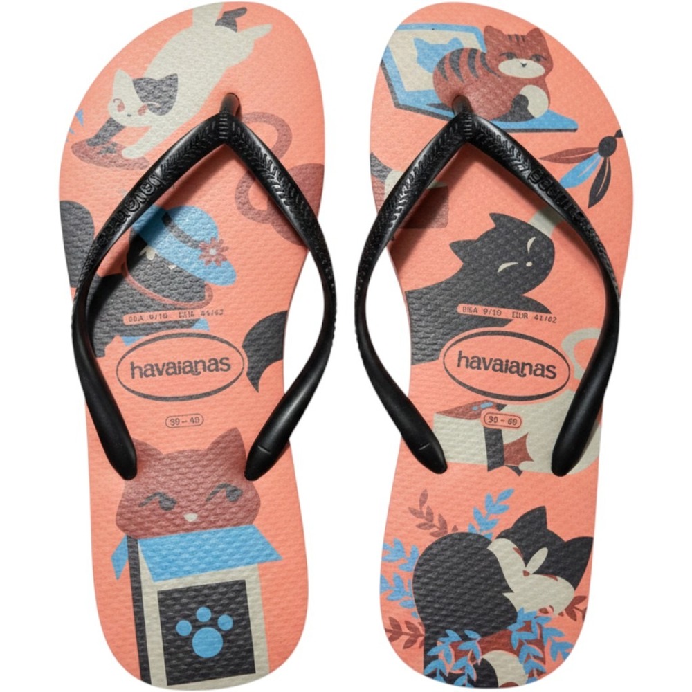 Havaianas Slim Cats Flip Flops Coral Pink Black Sandals Womens Size 9/10 NEW